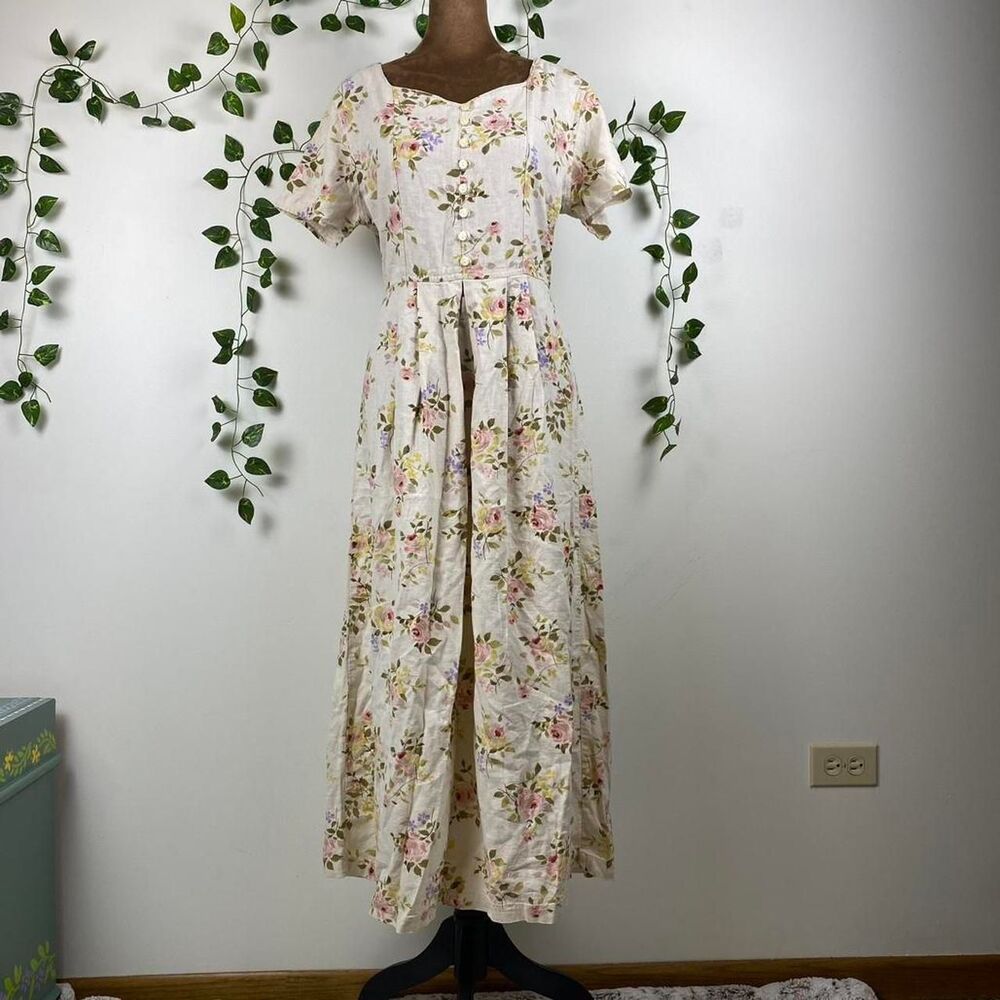 Vintage Erika Cream floral pleated midi prairie dress Linen button cottage fairy